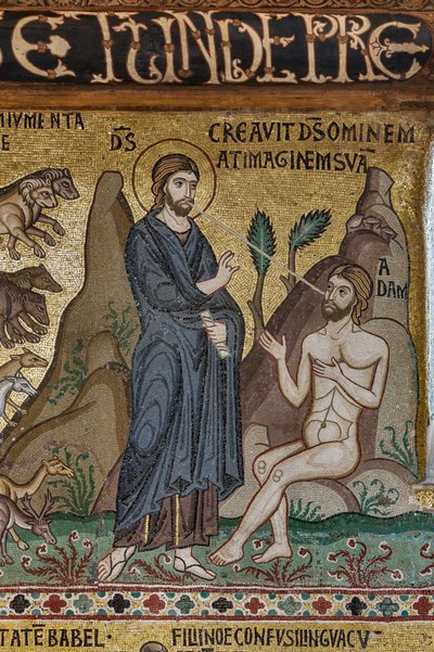 Syklus av mosaikk på Det gamle testamente, syklus av skapelsen: "Skapelsen av Adam", XII århundre, Palatinerkapellet, Det kongelige palass eller Palazzo dei Normanni (normannernes palass), Palermo, Sicilia, Italia (bilde) av Unbekannter Künstler