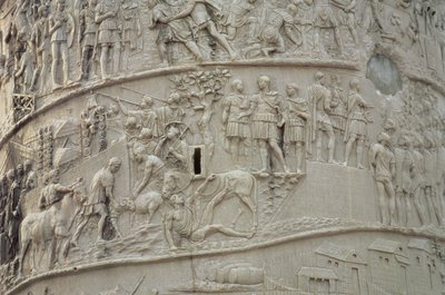 Daglig liv i en romersk leir, fra Trajans søyle, 2. århundre e.Kr. (utskåret stein) (detalj) av Unbekannt