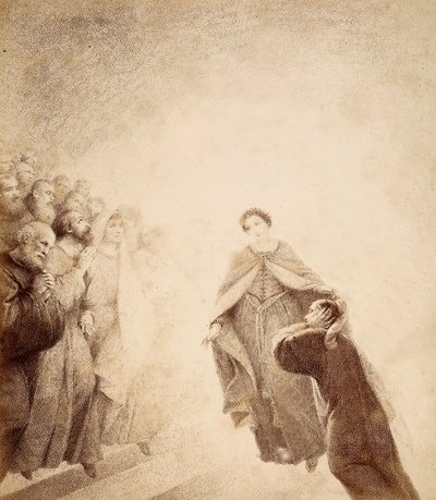 Dante dekker ørene med hendene, overveldet av vredesropene som lanseres av åndene som er arrangert langs stigen. Illustrasjon av Canto XVI i Paradiso fra Den guddommelige komedie av Dante Alighieri. Verk av Francesco Scaramuzza dedikert til Municipalit av Unbekannter Künstler