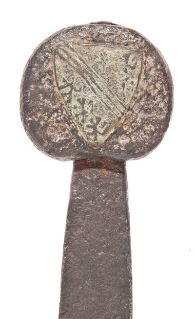 Detail, spätmittelalterliches Breitschwert mit früherer Wikingerklinge und Wappen der Familie De Bohun von Unbekannt