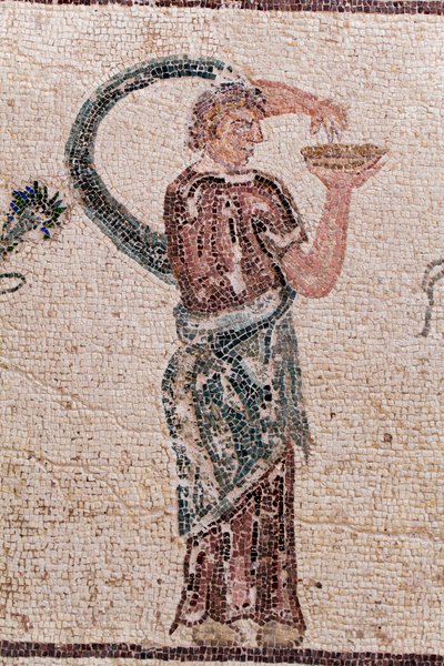 Detalj av The Triumph of Dionysos - Gudens retur fra en militærekspedisjon til India - En Baccante som holder en drikofferskål - Paphos mosaikk, House of Dionysos, Slutten av det 2. århundre e.Kr. - Kypros - Dionysos triumf - Lang mosaikk som gjenspeiler t av William M. Timlin