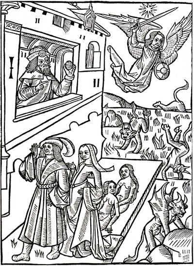 Djevler blir forfulgt av erkeengelen Saint Michael, mens mennesker fortsetter sine aktiviteter av David Mosé
