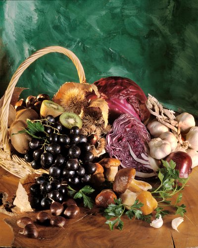 Diett: stilleben av sorte druer, hvitløk, løk, hvitløksfedd, persille, sopp, kastanje, kiwi og rødkål. av William M. Timlin