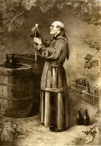 Dom Perignon oppdager mose i 1714 - tidlig på 1900-tallet (gravering) av Alec Hunter