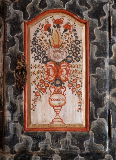 Dør av håndlaget treskap med håndmalt blomsterdekor, San Giovanni, Trentino-Alto Adige, Italia, Detalj av William M. Timlin