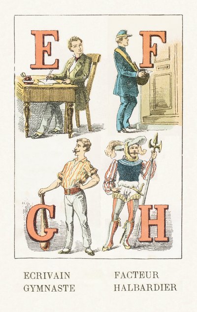 E - Forfatter; F - Faktor; G - Gymnast; H - Halberdier - Childish Alphabet, Editions Gordinne 1920 (gravering) av Unbekannt