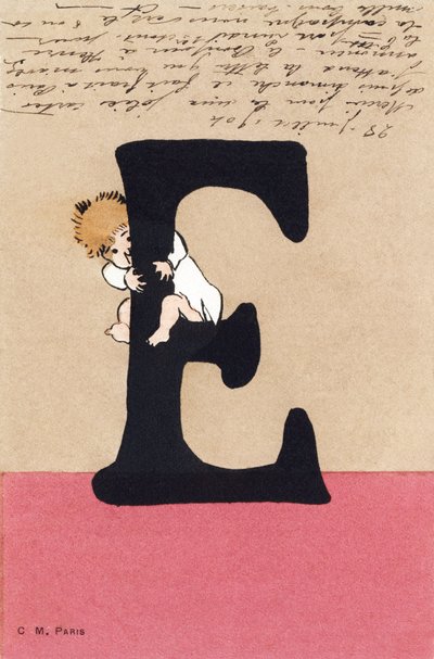 E for klem, kyss - Barnealfabetet. C.M.-redaktør, Paris. Håndmalte postkort, frankert i 1904. Mål: 14 x 9 cm av Unbekannt