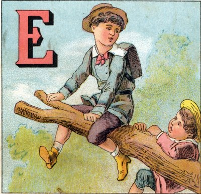 E-bokstaver: gutt i balanse på en tregren. Gravering i "Alphabet des petits ecoliers". Avbildning av Epinal, ca. 1885. Privee Collection av Unbekannt