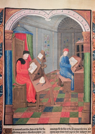 Einhard og erkebiskop Turpin skriver historien til Charlemagne, fra 