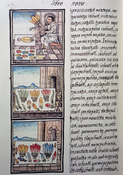 Fjærbehandling etter den spanske erobringen, side fra Florentine Codex, tospråklig versjon på spansk og Nahuatl, General History of Things of New Spain, av den spanske misjonæren Fray Bernardino de Sahagun. Aztekisk sivilisasjon av William M. Timlin