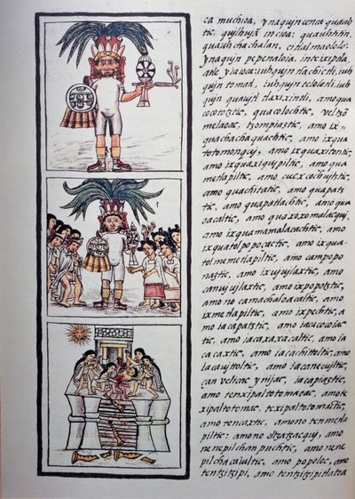 Festival of Toxcatl and his offer, Book II of Florentine Codex, Tospråklig versjon på spansk og Nahuatl, General History of the Things of New Spain (Historia general de las cosas de Nueva Espana), aztekisk sivilisasjon av Benjamin Baud