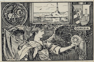 Første verdenskrig (1914-1918): Italiensk patriotisk postkort for vedlegget av Gorizia til Italia av Unbekannter Künstler