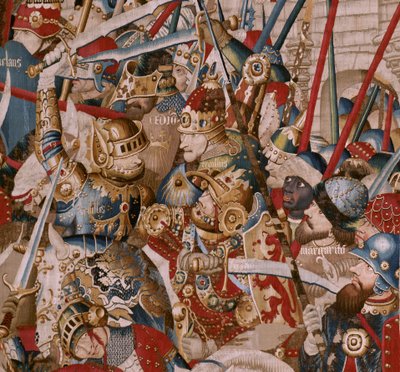 flamsk billedvev. Serien Den trojanske krigen. Akilles' telt (La Tienda de Aquiles). Sjette billedvev i serien. Model Coëtivy Master (Henry eller Conrard de Vulcop). Produser Tournai-verksteder. Ca 1470. Stoff Ull og silke, 6/7 varp pr cm. Størrelse 46 av Unbekannt