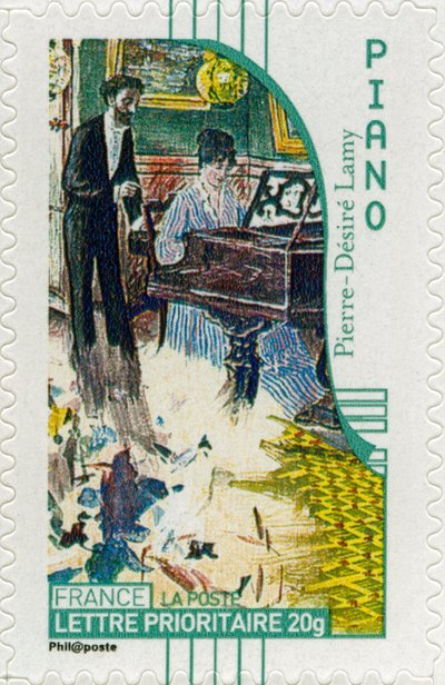Fransk frimerke som viser en kvinnelig pianist, fra et maleri av den franske kunstneren Pierre-Désiré Lamy - av Unbekannt