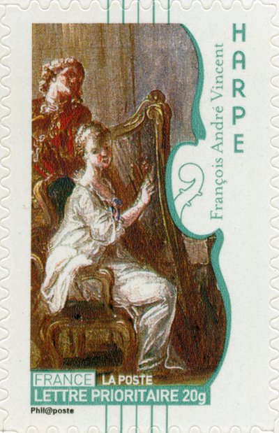 Fransk frimerke som viser en kvinne som spiller harpe, fra et maleri av den franske kunstneren François-André Vincent - av Unbekannt