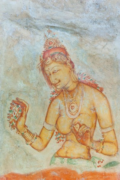 Fresco; barbrystet kvinne med blomster; Apsara; UNESCOs verdensarvliste; Sigiriya; Sri Lanka; Asia av Unbekannt