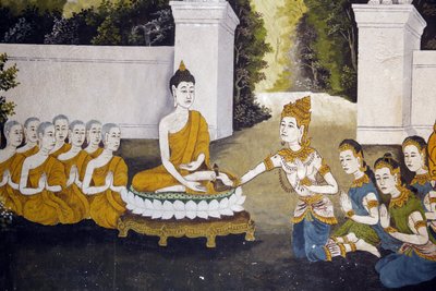 Fresco som viser en scene fra Buddhas liv i Wat Phra Doi Suthep, Chiang Mai. Buddha mottar almisser. Thailand av Unbekannt