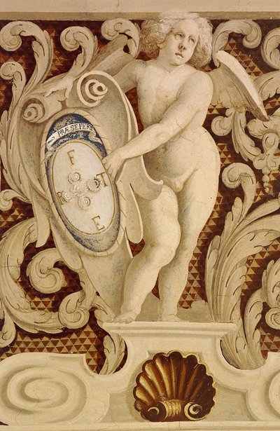Fresker av Baronial Hall (1400-tallet), detalj, Della Manta slott, Manta (Cuneo), Piemonte, detalj, Italia av William M. Timlin
