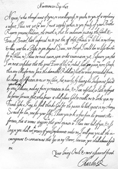Vennlig brev fra Charles I til hans nevø, prins Maurice, skrevet i Newtown, Powys, Wales, 20. september av Unbekannt