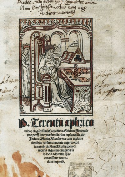 Frontispice av komedier til den komiske poeten Terence (Publius Terentius Aferer) (190-145 f.Kr.). Forfatteren er representert. av Unbekannt