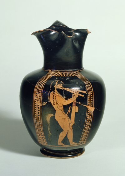 GR.126-1864 Oinochoe, dekorert med Satyr som spiller doble fløyter, attisk rød figur, Athen, gresk, 520 f.Kr. (leire) av Unbekannt