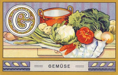 G: Grønnsak - Alfabet Palmine. Serie med kromolitografier redigert av H. Schlinck & Cie, Hamburg, s. d. . Annonse for Palmins fineste kokosfett. Mål: 7 x 11 cm av William M. Timlin
