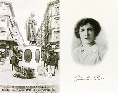 Gabrielle Petit og monumentet reist til hennes ære i Brussel, minnekort, ca. 1925 (litho) av Unbekannter Künstler