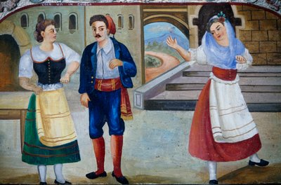 Galant scene med utkledde karakterer, trepanelmaleri, siciliansk håndverk, Sicilia, Italia, Detalj av William M. Timlin