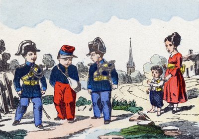 Gendarmer. Gravering i "Barnas militæralfabet"". Bilder av Pont-a-Mousson, ca 1890. 20 sider. Sol: 28,5x21cm av Unbekannt