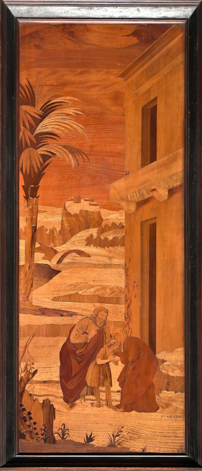 Genova, Duomo (St. Lawrence-katedralen), inne, apsis, kor, nordsiden: "Døperen Johannes tar permisjon fra familien sin", tre intarsia av Vincenzo e Tommaso Garassino (XIX århundre) av Unbekannter Künstler