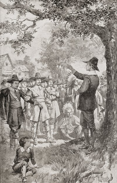 George Fox preker for en folkemengde i Maryland, Amerika i 1671 under et fire dager langt møte for lokale kvekere. George Fox av Unbekannter Künstler