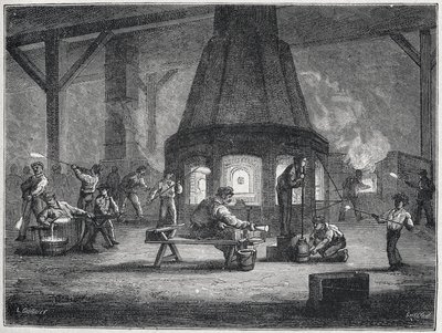 Glassproduksjon i andre halvdel av 1800-tallet: barn arbeider, ca. 1880 (gravering) av Unbekannter Künstler