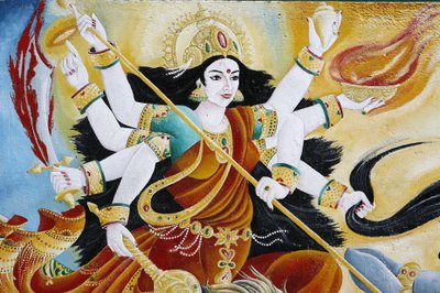 Gudinnen Durga beseirer det onde, Kathmandu, Nepal av Unbekannt