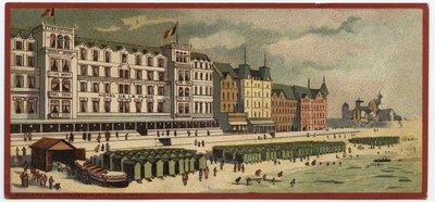 Grand hotels: utvendig utsikt over Hotel de la Plage i Oostende, Belgia - Kart over en serie som presenterer hotellene til "Compagnie Internationale des Grands Hotels", sent 1800-begynnelsen av 1900-tallet av William M. Timlin