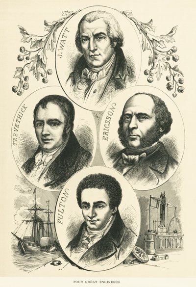 Store ingeniører og oppfinnere: James Watt, John Ericsson, Robert Fulton, Richard Trevithick, ca. 1880 (s/hvitt-bilde) av Unbekannt