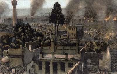 Hellas, Saloniki (eller Thessaloniki): utsikt over den øvre byen delvis brent, sannsynligvis under brannen i 1917 - Postkort 1914-1918 av Unbekannter Künstler