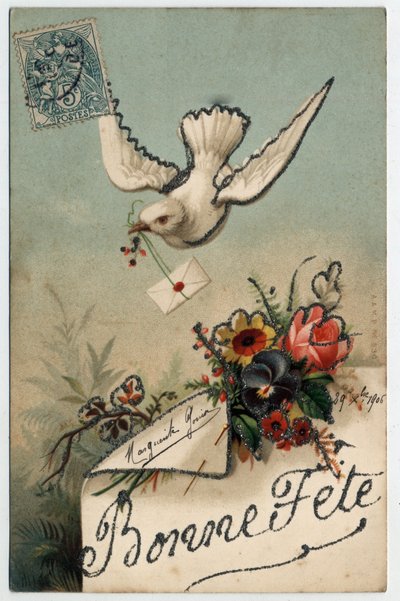 Gratulasjonskort: en fugl bringer et forseglet brev - Postkort datert 1906 av Unbekannt