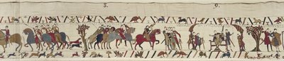 Guy of Ponthieu tar Harold som fange til slottet Beaurain, Bayeux-teppet (ullbroderi på lin) av Unbekannt