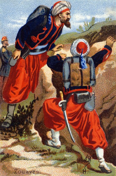 H: Zouaver. Gravering i "Militæralfabetet". Illustratorens initialer: A. D. Ukjent utgiver. Kromolitografier sent på 1800-tallet. Mål: 10,5x7 cm. av Unbekannt