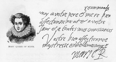 Håndskrift og signatur av Mary Queen of Scots fra et brev skrevet mens hun satt i fengsel i Sheffield til hennes guddatter, Elizabeth Pierrepoint av Unbekannt