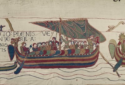 Harolds skip blir sprengt til territoriet til grev Guy av Ponthieu, Bayeux Tapestry (ullbroderi på lin) av Unbekannt