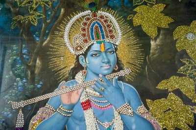 hinduisme; maleri av Lord Krishna med fløyte; Durgiana Mandir Vishnu-tempelet; Amritsar; Punjab; India; Sør-Asia; Asia av Unbekannt