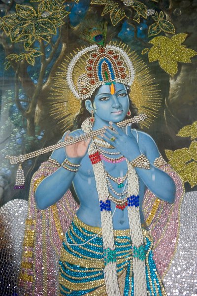 hinduisme; maleri av Lord Krishna med fløyte; Durgiana Mandir Vishnu-tempelet; Amritsar; Punjab; India; Sør-Asia; Asia av Unbekannt