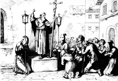 Historien om det gamle Roma. En munk forkynner for folket på et torg i Roma. Bartolomeo Pinelli gravering XIX århundre av Unbekannt