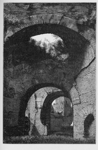 Historien om det gamle Roma. Caracalla-badene i Roma, Italia, var de nest største romerske offentlige badene, eller termene, bygget i Roma mellom 212 og 216 e.Kr., under keiser Caracallas regjeringstid. av Unbekannt