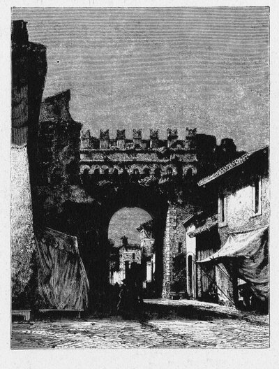 Historien om det gamle Roma. Porta Settimiana er en port i Aurelian-muren i Roma. av Unbekannt