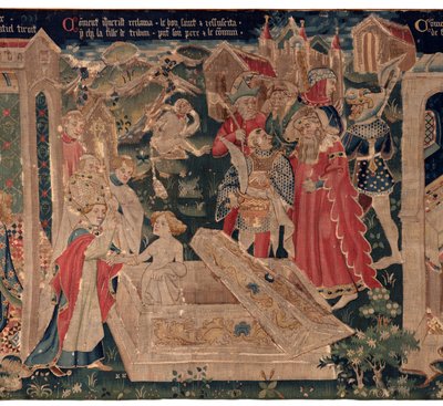 Historien om Saint Piat og Saint Eleuthère, også kalt billedvev av Arras. Bestilt fra kanon Toussaint Prier, kapellan for hertugen av Burgund, sent på 1300-tallet - begynnelsen av 1400-tallet. 22m x 2m. Detalj (teppe) av David Mosé