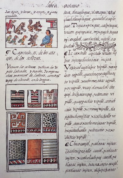 Huipil, kvinnelige plagg båret av adelen med broderte bluser, bok VIII av Florentine Codex, General History of Things of New Spain, av den spanske misjonæren Fray Bernardino de Sahagun. Aztekisk sivilisasjon av William M. Timlin
