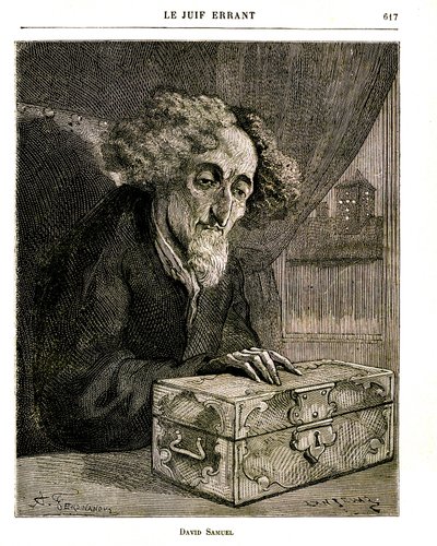 Illustrasjon av Eugene Sues roman "Den vandrende jøde"" - Gravering av FERDINANDUS i Jules Rouff-utgaven av 1883. David Samuel, verge for eiendommen til familien De Rennepont, med kassetten (kisten) som inneholder verdipapirene, aksjene, vekslene av Unbekannt
