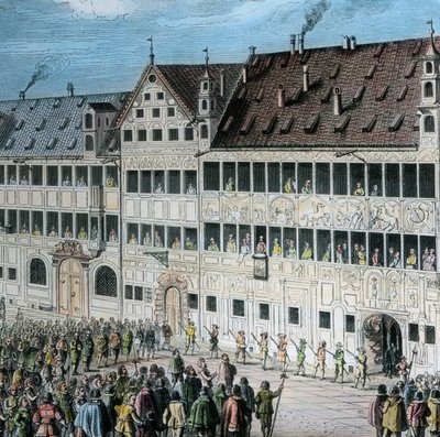 Foran Fugger-huset på Weinmarkt i byen Augsburg hyller folk den svenske kongen Gustav Adolf av Unbekannter Künstler